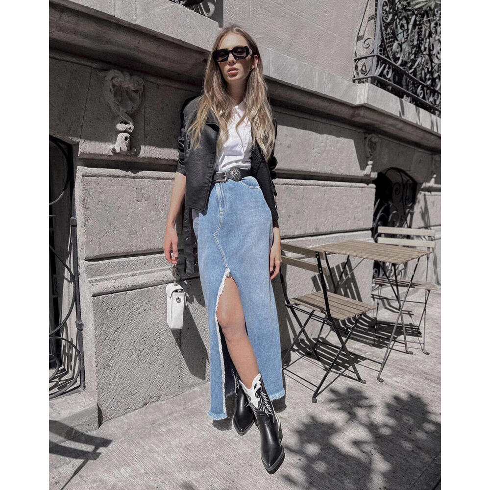 Women's Front Slit Denim Long Skirt, High Shot, Five pockets By Studio F
